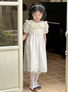 DAZY 年轻女孩荷叶边宽松厚蕾丝中长连衣裙，女孩夏季服装 - 杏色 - 查看 4