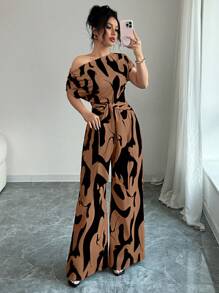 Elenzga 优雅女士不对称腰部褶皱简约修身休闲女士/现代修身连体裤 - 摩卡棕 - 查看 5