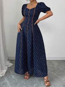 Elenzga 加大码编织碎花随意剪裁优雅连衣裙，立领泡泡袖，腰部荷叶边下摆，A 字长裙，百搭花园派对，外向，独特设计，超值