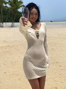 DAZY 女士碎花露背镂空喇叭袖毛衣连衣裙 Y2k，沙滩度假装 - 杏色 - 查看 4