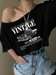 SHEIN EZwear 女士休闲复古汽车图案不对称领口短袖超大T恤，适合夏季 - 黑色 - 查看 5