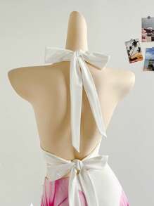 Soleia Conjunto de 2 piezas con top halter de cuello en V sexy con estampado floral y minifalda de cintura baja con cordón, adecuado para vacaciones, citas, té de la tarde, vacaciones, festival de música, estilo bohemio - Rosa - Ver 6