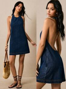 Poéselle Women's Denim Dresses Backless Dresses Halter Neck Dresses Blue Dresses Women's Open Back Straight Casual Halter Neck Short Denim Dress Sexy Women Dresses Y2k Clothes Street Wear Women Women Denim Outfit Western Dress Y2k Women Clothes Birthday Women Outfits Blue Women Dresses Western Dress Western Women Dresses Mini Dress, Night Out - Dark Wash - View 8