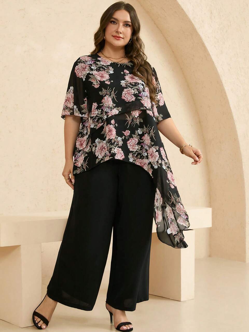 2pcs Plus Size Women Black Floral Print Shirt And Pants Set,Elegant Summer Wedding Guest Tunic Top,Business Casual Office Outfits,Graduation Clothes