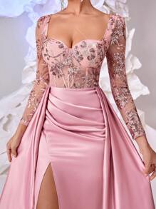 Glamrae Đầm maxi dáng đuôi cá sang trọng, thanh lịch với chất liệu satin đính cườm và sequin màu ngọc lục bảo, cổ áo hình trái tim, tay áo xuyên thấu, xẻ tà cao và bèo nhún cỡ lớn, thích hợp cho dạ hội, tiệc tùng, đám cưới hoặc ngày Valentine. - Màu Hồng baby - Xem 5