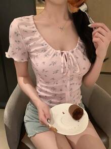 Joudiya Áo thun nữ dáng ôm mới, trang trí nơ, thích hợp cho hẹn hò, đi nghỉ mát. - Hồng - Xem 5