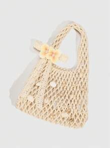 ROMWE Fairycore 1pc Fashionable Personalized Spring/Summer Beach Vacation Style Orange Ocean Woven Beach Bag, Large Size Women Handbag