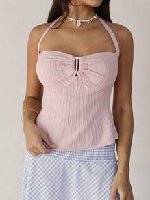 Roylia Niche Design 性感圆领细肩带针织吊带背心 - 粉色 - 查看 1