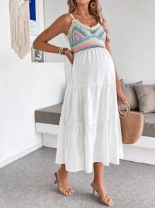 SHEIN 孕妇荷叶边下摆撞色休闲吊带中长连衣裙