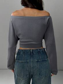 SHEIN EZwear 大码纯色简约露肩运动衫，日常穿着 - 灰色 - 查看 2