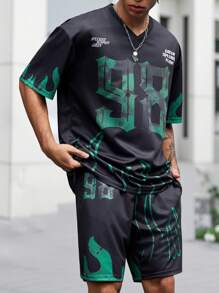 Manfinity EMRG Manfinity EMRG Men's Letter & Flame Print Crew Neck Short Sleeve Casual T-Shirt And Shorts Set Men's Summer Letter Print Short Sleeve T-Shirt And Shorts Casual Set Men's Sports Jersey Short Sleeve T-Shirt,