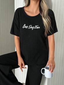 RueChic Women 2 Pcs Contrast Colour Lettered Homewear Short Sleeved & Long Bottom Pajama Set - Dark Grey - View 4