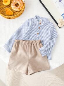 SHEIN 2 件套男婴休闲条纹长袖衬衫和短裤套装，可爱服装适合春夏季、生日派对、晚会、婚礼、婴儿洗礼、 1 岁生日庆祝活动 - 藍色 - 查看 3