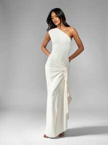 MISSGUIDED Váy Maxi Một Vai Jersey Ruched Side Formal Evening Dress Khách dự tiệc cưới Dịp đặc biệt Draped Side Split Cinched Eo Empire Gathering Party - Màu be - Xem 3