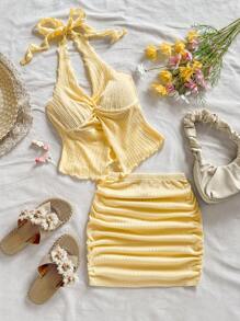 Soleia Cream Casual Vacation Western Beach Wedding Guest Attire Graduation Brunch Women's Clothing St. Patrick's Day Spring Break Easter Music Festival Elegant Bohemian Tropical Chic New Knit Texture Resort Metal Decor Spaghetti Strap Crop Top & Low Waist Mini Skirt 2-Piece Set - Blue - View 1