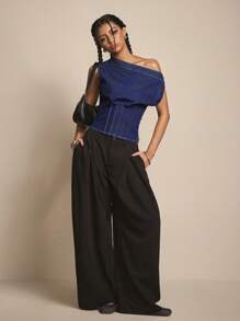 Easelle Millennium Girl Asymmetrical Shoulder Crop Top, Fashionable Summer Wear, Night Out, Vintage, Streetwear, Western Wear Women - Blue - View 4