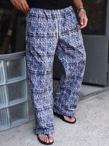 Manfinity Homme Pantalon décontracté ample à jambes droites avec taille à cordon pour hommes, à carreaux, gris-bleu, bleu clair, automne, streetwear, polyvalent pour escapade urbaine, vacances et rave - Bleu gris - Voir 1