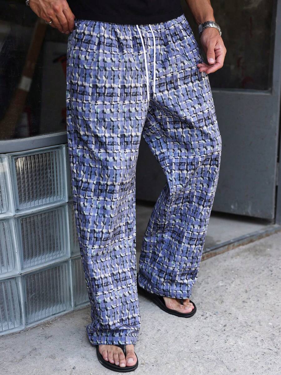 Manfinity Homme Pantalon décontracté ample à jambes droites avec taille à cordon pour hommes, à carreaux, gris-bleu, bleu clair, automne, streetwear, polyvalent pour escapade urbaine, vacances et rave - Bleu gris - Voir 1