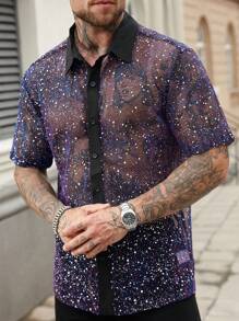 Manfinity Homme 男士性感亮片透视衬衫，夏季 - 米色 - 查看 4