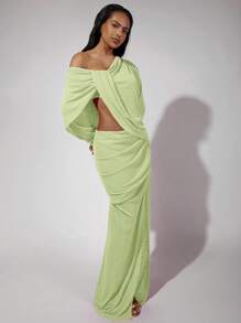COSMINA Women's Solid Color Asymmetric Neck Long Sleeve Pleated Side Slit Dress