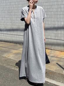 FRIFUL Vestido largo de verano holgado de unicolor con cremallera metálica casual para mujeres, vestido de graduación para damas - Gris Claro - Ver 1