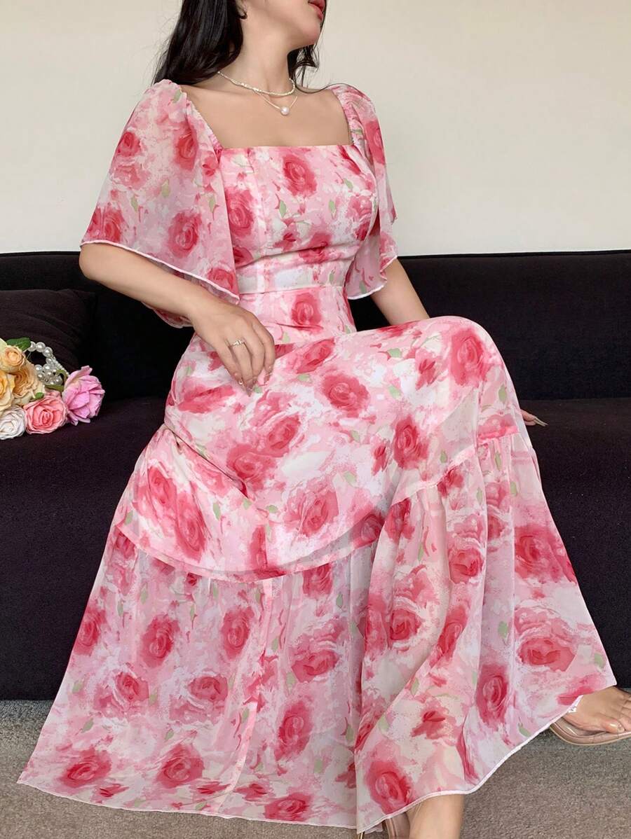 Modelyn Chiffon Batik Muster Quadratischer Ausschnitt A-Linie Kleid - Verschiedenfarbig - Übersicht 1