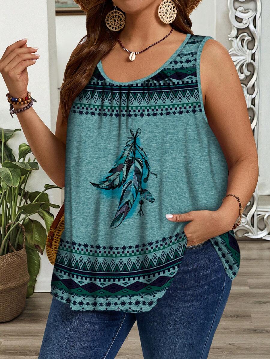 EMERY ROSE 大码羽毛印花褶皱宽松吊带背心，适合春夏季 - 彩色 - 查看 1