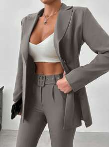 EURMUSE Ladies' Solid Color Lapel Single Button Suit Jacket And Pants Set - Grey - View 3
