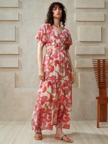 EMERY ROSE Women's Paisley Printed V-Neck Cut-Out Cinched Waist Maxi Dress,Beige,Summer,Boho,Tea Party,Holiday Sundress Wedding Guest Birthday Vacation Outfits - Pink - View 6