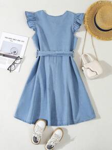 Vestido vaquero azul desgastado de manga corta con escote en V, ajustado y delgado, de uso versátil casual diario, para niñas adolescentes, verano - Azul lavado medio - Ver 2