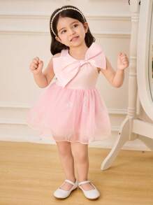 SHEIN Glamorique Kids 女婴无袖连衣裙，蝴蝶装饰和多层网眼设计，春夏季 - 淺粉色 - 查看 4