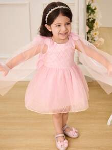 SHEIN Glamorique Kids Baby Girl Spring/Summer Style Layered Tulle Backless Dress With Ribbon Bow Decor Formal Dresses For Baby Girls Partywear