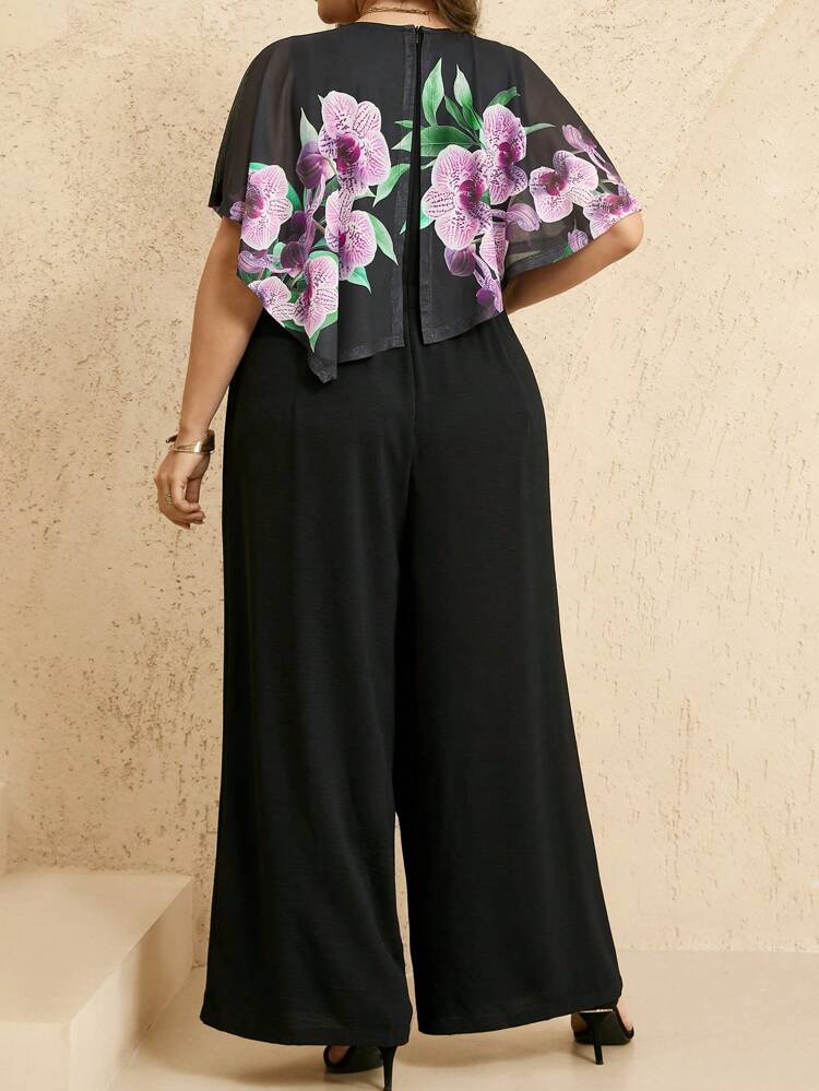Plus Size Women's Floral Print Ruffle Trim Wide Leg Jumpsuit, For Holiday/Vacation  Women Plus Clothing Business Casual Woman S Summer Clothes,Office Outfits For Women,Work Dresses For Women, Business Casual Woman,Tea Party Dress,Women Summer Clothes,Poncho,Teacher Outfits For Women Fall Clothes Plus Size,Office Outfits For Women,Back To School,Teacher Outfits For Women,Wedding Guest Dress Women