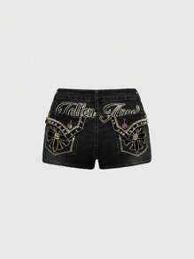 ROMWE Quần short denim thêu túi vá hình chữ Anh Hippie Patch - màu đen - Xem 1