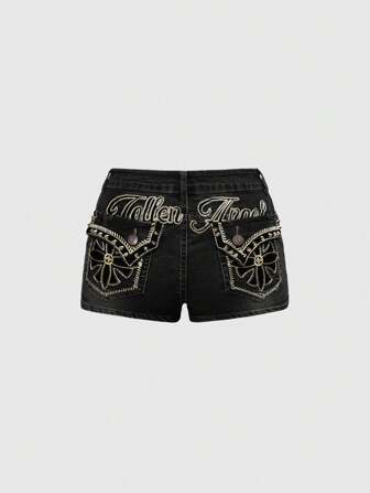 Denim Shorts mit Hippie-Patch-Stickerei, Patchwork und englischem Muster