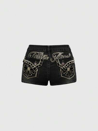 Denim Shorts mit Hippie-Patch-Stickerei, Patchwork und englischem Muster