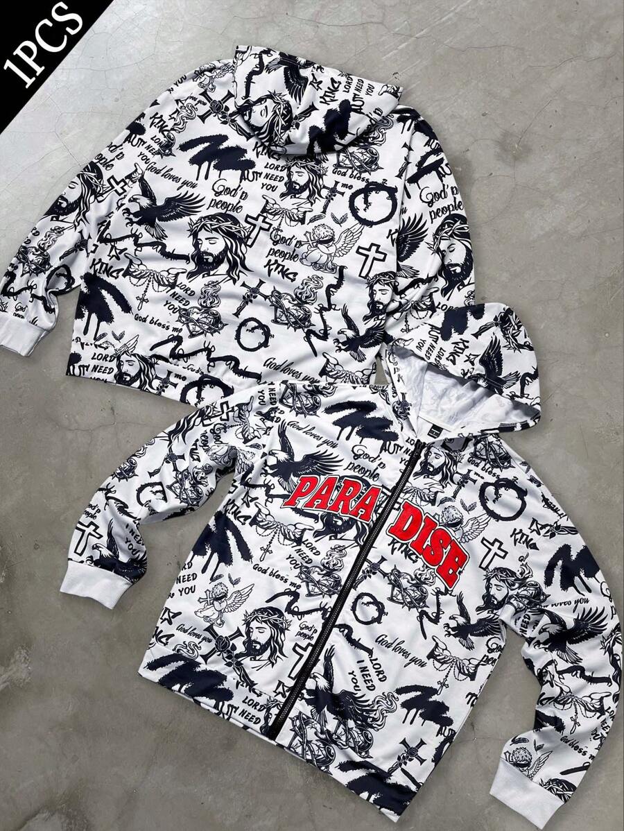 Manfinity EMRG Men's Casual All-Over Print Zip Up Hoodie Sweatshirt - White - View 1