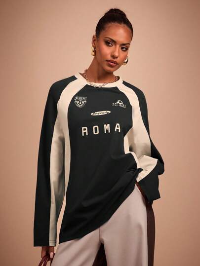 COSMINA Women's Casual Pattern Raglan Sleeve Colorblock Long Sleeve T-Shirt, Spring/Autumn