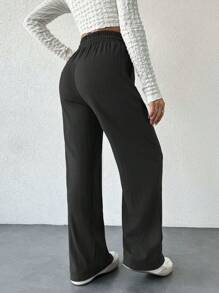 SHEIN Tall Tall Size Women Solid Color Casual Elastic Waist Drawstring H-Shape Wide Leg Design Pants - Dark Grey - View 2