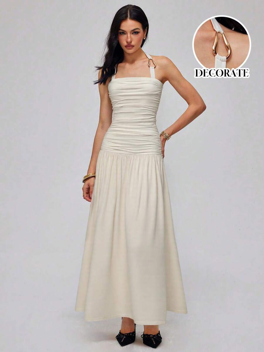 Roylia Women's Elegant Open Back Tie Design Hollow Out Pleated Dress, Summer Resort Wear - Apricot - View 1