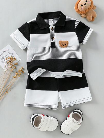 Souflis Souflis Ensemble polo à manches courtes rayé avec badge d'ours brodé adorable et short pour bébé garçon, confortable pour l'été
