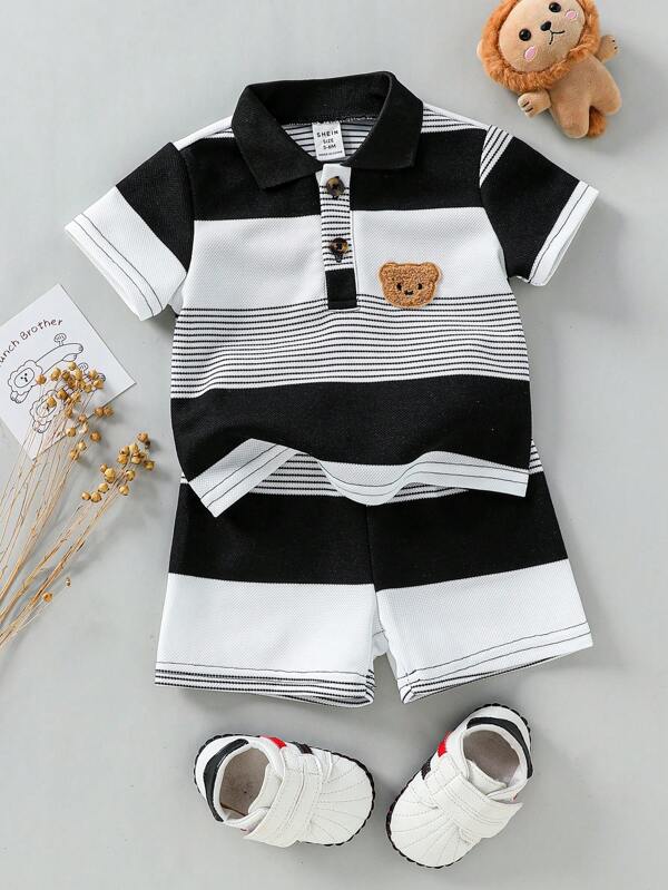 Souflis Souflis Conjunto informal de bebé niño de camisa polo de manga corta con rayas y pantalones cortos, con parche bordado adorable de oso, adecuado para el verano