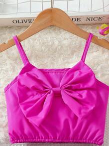 Young Girls 2pcs Set - Solid Bow Camisole Top And Digital Print A-Line Skirt With Elastic Waist, Suitable For Beach, Party, Vacation In Summer