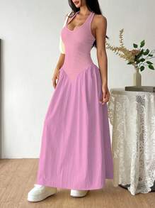 SHEIN Unity Slit Neck Backless Tie Waist Pleated Dress - Pink - View 5