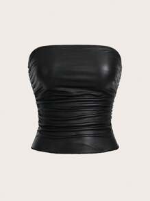 Attitoon Faux Stretch-Leather Black Pleated Strapless Top