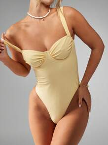 SHEIN X LOS FAVORITOS DE KARIME PINDTER MISSGUIDED Retro Style Ruched Bust One Piece Swimsuit Summer Beach Vacation Holiday Resort Pool Swimming Bathing Suit High Cut Thigh Padded Push Up - Yellow - View 1