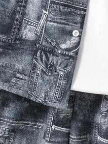 SHEIN Vacaura 2 件男士休闲时尚百搭仿牛仔数码印花衬衫和短裤套装，适合春夏季日常穿着和外出