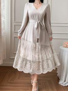 DAZY Women's Elegant V-Neck Lace Patchwork Belted Mid-Length Wedding Guest Dress,Fall Clothes Long Sleeve Dress - Apricot - View 4