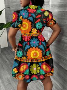 Slaydiva Váy xòe tay bồng họa tiết hoa tối giản giản dị, phù hợp cho kỳ nghỉ, phong cách Boho, mùa hè - Màu xanh nhạt - Xem 2
