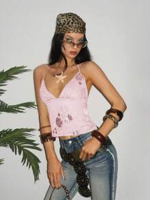 EgrlEra Sexy V-Neck Spaghetti Strap Backless Bead Embroidered Floral Sweet Fashionable Lady's Tank Top